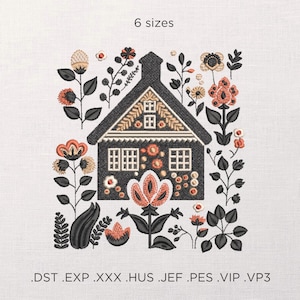 Może przedstawiać: Haftowany wzór przedstawiający czarny dom ze szczegółowym dachem i oknami, otoczony stylizowanymi kwiatami w odcieniach pomarańczu, brzoskwini i czerni. U góry znajduje się napis "6 sizes". Wzór jest na białym tle.