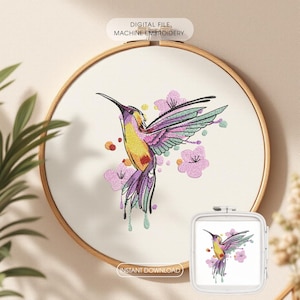 ハチドリの刺繍デザイン、花柄の鳥のミシン刺繍ファイル（衣類やホームテキスタイルへの刺繍用）
