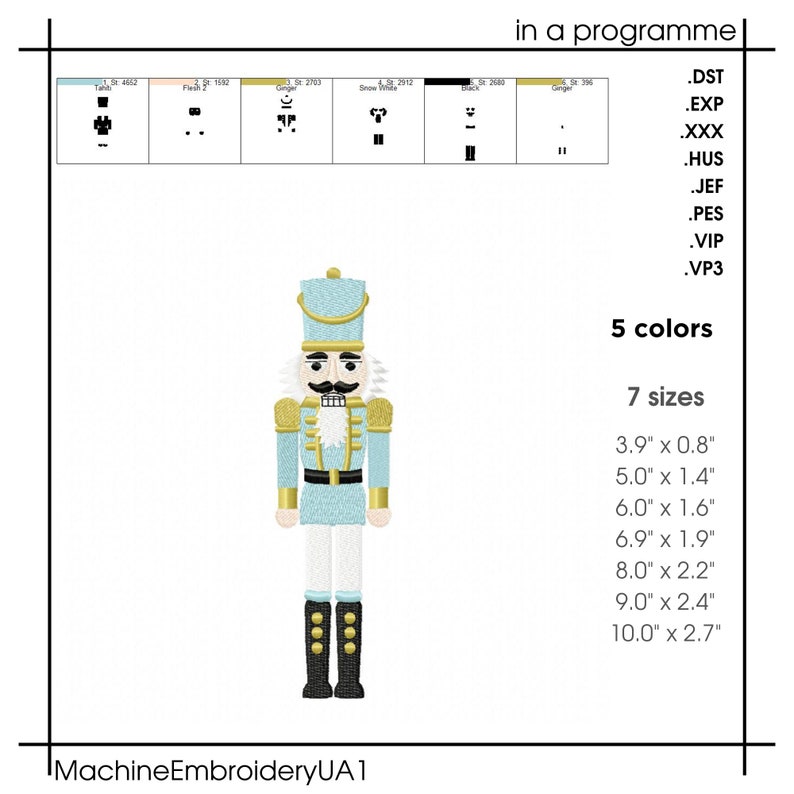 May include: An embroidered design of a toy nutcracker soldier in light blue, gold, and black. The image includes text indicating 5 colors and 7 sizes, ranging from 3.9" x 0.8" to 10.0" x 2.7". The design is labeled "MachineEmbroideryUA1".