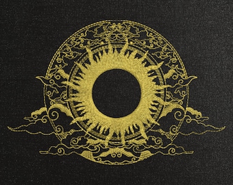 May include: Gold embroidery design of a sun with rays and clouds. The design is circular and has a black background. The file formats are listed below the design: .DST .EXP .XXX .HUS .JEF .PES .VIP .VP3