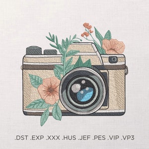 Floral camera Machine Embroidery Design - Camera Embroidery files - 7 sizes - Instant download