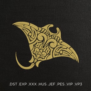 May include: A gold-coloured, intricate, stylized design of a manta ray. The design is outlined in black and has a detailed, patterned body.