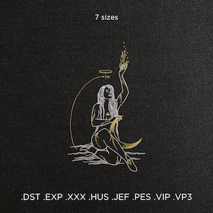 May include: Line art embroidery design of a woman holding a flame, sitting on a crescent moon. The design is in white and gold on a black background. The text "7 sizes" is at the top of the image. The text ".DST .EXP .XXX .HUS .JEF .PES .VIP .VP3" is at the bottom of the image.