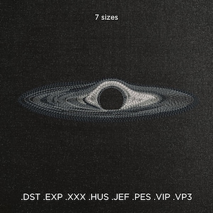 May include: Black and white embroidery design of a black hole with swirling rings. The design is available in 7 sizes and in the following formats: DST, EXP, XXX, HUS, JEF, PES, VIP, VP3.