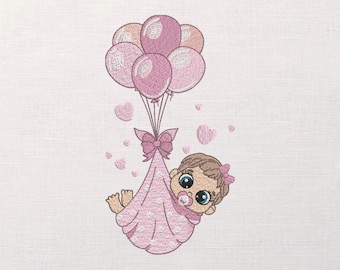 Baby Girl with Balloons Machine Embroidery Design - Cute Baby Embroidery Files - 10 Sizes - Instant Download