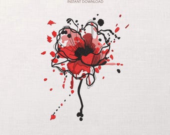 Poppy Embroidery Design File, Watercolor Flower Machine Embroidery Pattern, Floral Embroidery for Clothes, Instant Download, PES DST JEF VP3