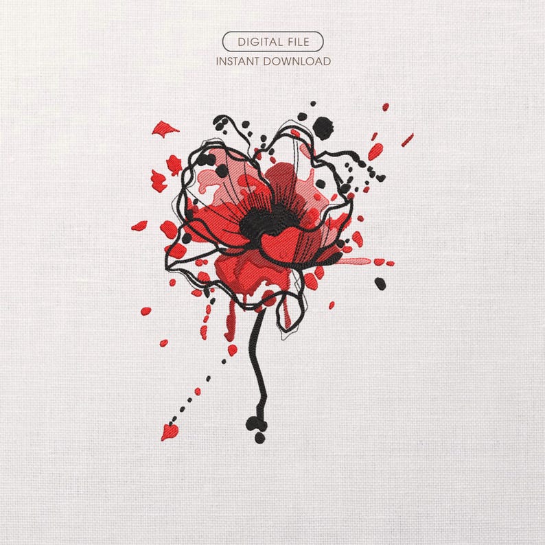Poppy Embroidery Design File, Watercolor Flower Machine Embroidery Pattern, Floral Embroidery for Clothes, Instant Download, PES DST JEF VP3 image 1
