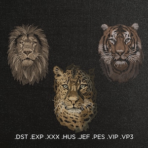 Unique SET - Lion, Tiger, Cheetah Machine Embroidery Pattern, Set Of 3 Wild Cats Design, Dark Fabric Embroidery, Savannah Predators Design