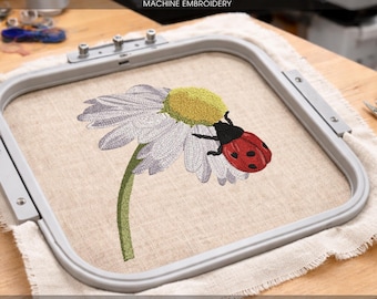 Ladybug and Daisy Machine Embroidery Design – Spring Chamomile Flower, Floral Bug Embroidery Pattern, 7 Sizes, PES DST JEF
