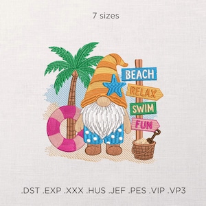 May include: Embroidered beach-themed design featuring a gnome wearing a striped orange hat and blue shorts. A palm tree, life preserver, and signpost with beach-related words are also included. The text "7 sizes" is at the top.