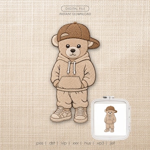 May include: Embroidered patch of a teddy bear wearing a brown baseball cap, hoodie, and sweatpants. The bear is tan with a black nose and eyes. The text "DIGITAL FILE INSTANT DOWNLOAD" is at the top.