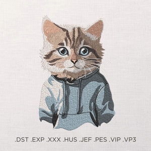 パーカーを着たクールな猫の機械刺繍デザイン、スタイリッシュな子猫の刺繍パターン、かわいい猫の刺繍、子供用Tシャツの刺繍、PES DST