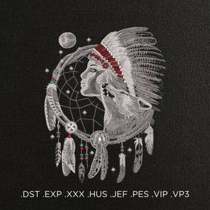 May include: A silver and red embroidered design of a Native American woman wearing a headdress and a wolf, with a dreamcatcher behind her. The dreamcatcher has feathers and beads.