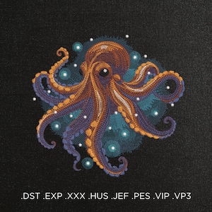 May include: Embroidered design of an orange and purple octopus with white pearl-like accents on a black background. The octopus is surrounded by a teal and blue swirl.