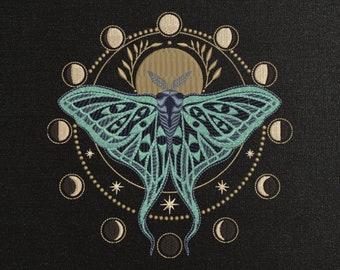 Butterfly and Moon on dark background machine embroidery design - Butterfly and Moon embroidery files - 8 sizes - Instant download - 519