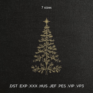 Puede incluir: Diseño de árbol de Navidad bordado en oro sobre fondo negro. El árbol tiene una estrella en la parte superior y está etiquetado como "7 tamaños". La imagen también incluye extensiones de tipo de archivo: .DST .EXP .XXX .HUS .JEF .PES .VIP .VP3.