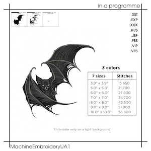 May include: A digital machine embroidery design of a bat with spread wings, featuring 3 colors and 7 sizes ranging from 3.9" x 3.9" to 10.0" x 10.0". The file includes stitch counts, file formats like .DST and .PES, and the text "Embroider only on a light background."