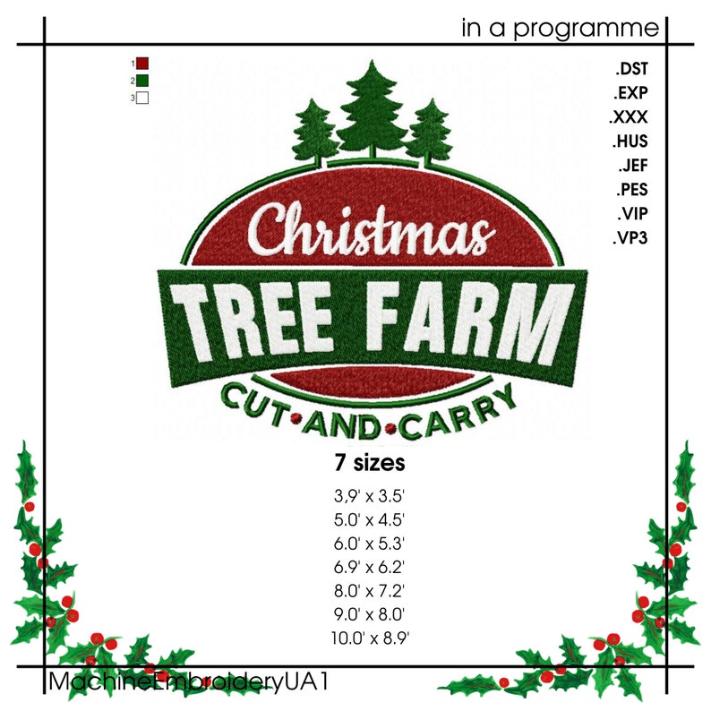 K&ouml;nnte beinhalten: Ein rotes und gr&uuml;nes Weihnachtsbaum-Farm-Logo mit dem Text "Christmas Tree Farm Cut and Carry" in einem Kreis. Das Logo ist von Stechpalmenbl&auml;ttern und -beeren umgeben. Der Text "7 Gr&ouml;&szlig;en" befindet sich unter dem Logo, gefolgt von einer Liste der Gr&ouml;&szlig;en in Zoll.