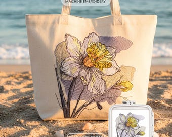 Daffodil Flower Machine Embroidery Design, Summer Bloom Floral Pattern, Watercolor Flowers Embroidery Files, Stylish Embroidery For Tote Bag