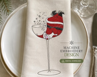 Santa in Wine Glass Machine Embroidery Design, Christmas Napkin Pattern