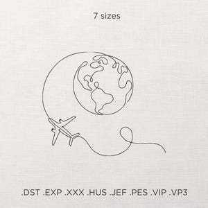 Umriss Flugzeug & Globus Maschinenstickerei Design, Reise Line Art Stickmuster, Minimalistisches Reise Dekor, Weltkarte Stich PES Datei