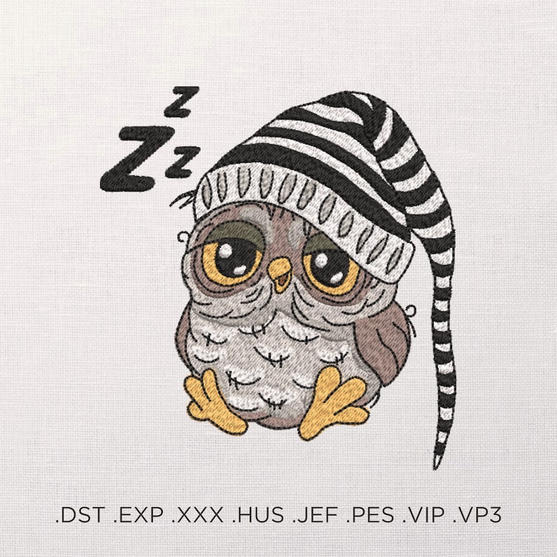 Op de afbeelding: Een grijze en witte uil met een zwart-wit gestreepte slaapmuts met de letters "Zzz" erboven.