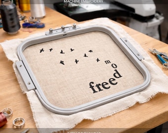 Freedom Birds Embroidery Design – Minimal Text with Flying Birds, Modern Machine Embroidery File 7 Sizes
