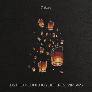 Maskinbroderidesign med flytande himmellyktor, broderiväggdekor med festliga nattljus, lyktfestivaldesign, glänsande broderidekor