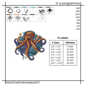 Puede incluir: Un dise&ntilde;o de bordado colorido de un pulpo con detalles azules, naranjas y blancos. El dise&ntilde;o est&aacute; disponible en 11 colores y 7 tama&ntilde;os, que van desde 3,9 pulgadas hasta 10 pulgadas. El dise&ntilde;o es adecuado para el bordado a m&aacute;quina.