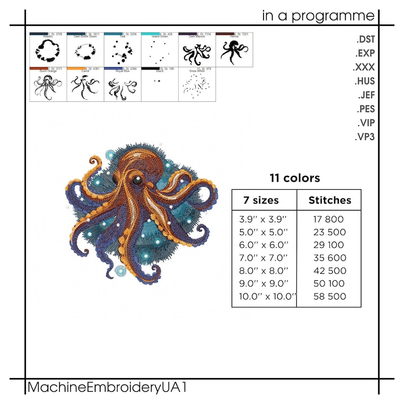 Puede incluir: Un dise&ntilde;o de bordado colorido de un pulpo con detalles azules, naranjas y blancos. El dise&ntilde;o est&aacute; disponible en 11 colores y 7 tama&ntilde;os, que van desde 3,9 pulgadas hasta 10 pulgadas. El dise&ntilde;o es adecuado para el bordado a m&aacute;quina.