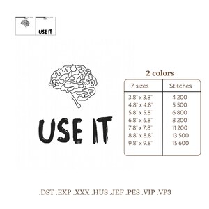 Może przedstawiać: Czarno-biała grafika z napisem "USE IT" i ilustracją m&oacute;zgu. Obraz zawiera tabelę z rozmiarami od 9,7 cm x 9,7 cm do 24,9 cm x 24,9 cm i liczbą ścieg&oacute;w. Typy plik&oacute;w są wymienione na dole.