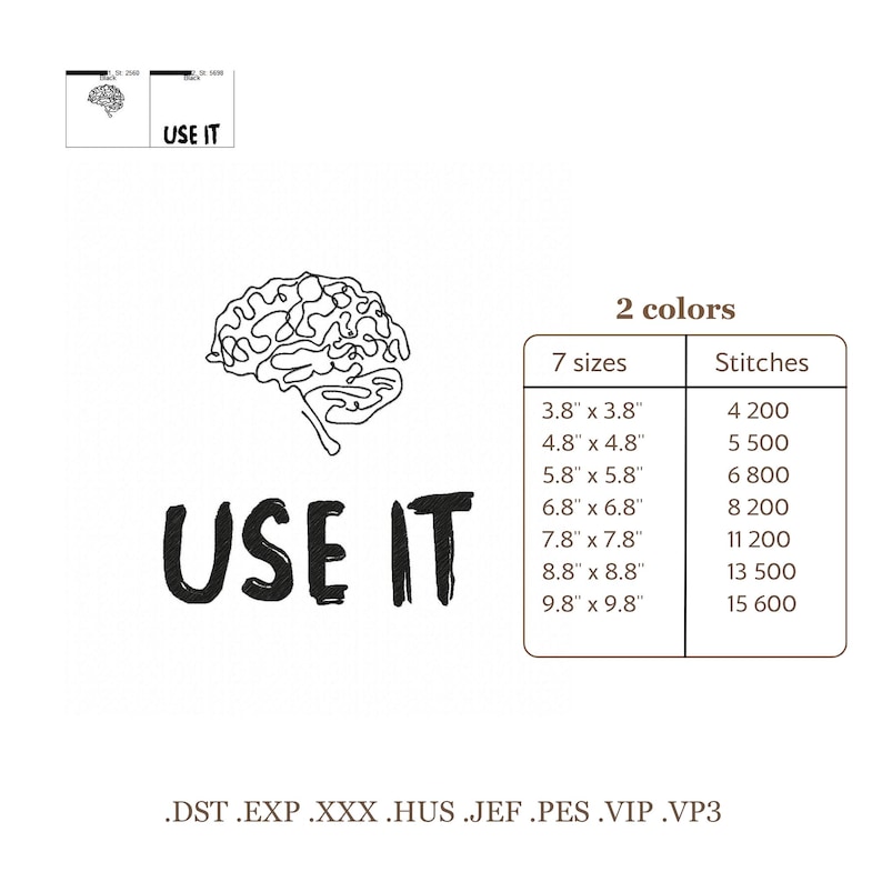 Może przedstawiać: Czarno-biała grafika z napisem "USE IT" i ilustracją m&oacute;zgu. Obraz zawiera tabelę z rozmiarami od 9,7 cm x 9,7 cm do 24,9 cm x 24,9 cm i liczbą ścieg&oacute;w. Typy plik&oacute;w są wymienione na dole.