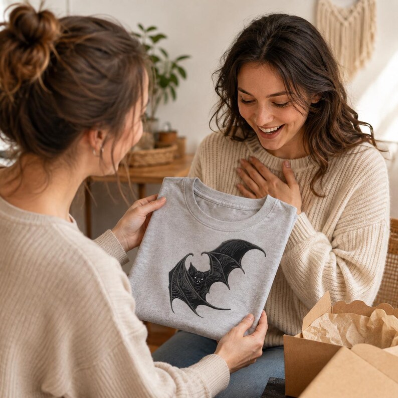 May include: A light gray crew neck t-shirt featuring a detailed black graphic illustration of a bat with spread wings centered on the front. The bat design includes intricate line work and shading, showcasing the creature in a flying position.