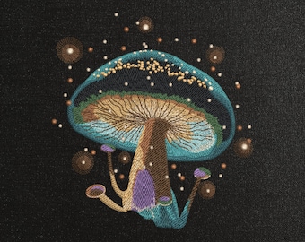 Magic Mushroom with Fireflies Machine Embroidery Design, Shiny Embroidery Pattern, Kids Embroidery Wall Decor, Fairytale Mushroom Embroidery