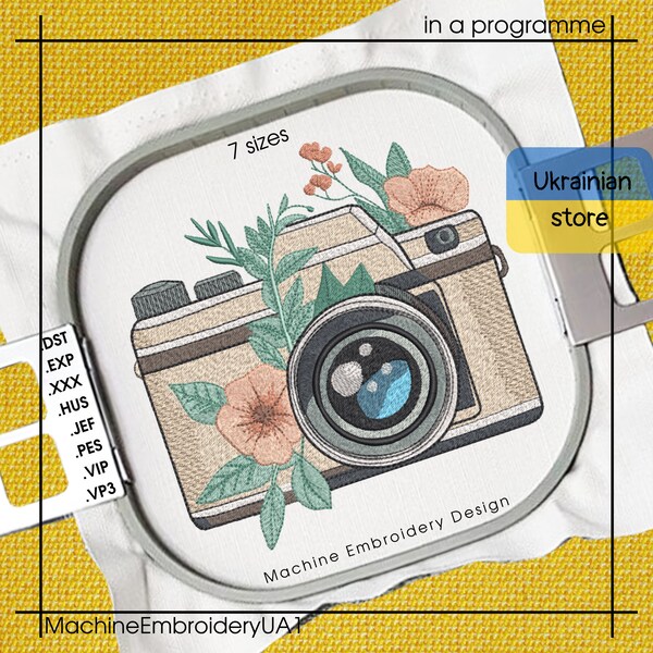 Floral camera Machine Embroidery Design - Camera Embroidery files - 7 sizes - Instant download