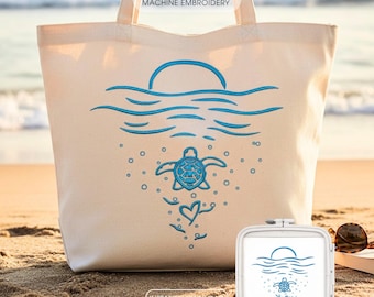 ウミガメのミシン刺繍デザイン、夏のシャツやトートバッグ用の海の自然の輪郭パターン、即時デジタルダウンロード