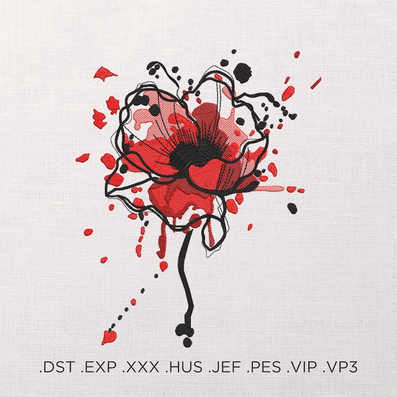 May include: A red poppy flower with black outlines and red paint splatters on a white background. The flower is stylized and has a long stem.