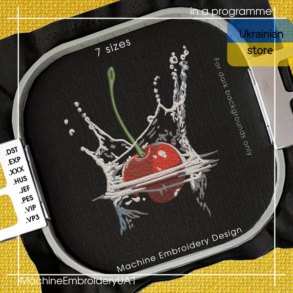 Kirsche mit Spritzer auf dunklem Hintergrund Maschinenstickmuster - Kirsche mit Spritzer-Stickdateien - 7 Größen - Sofort-Download