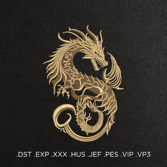 Golden Dragon Machine Embroidery Design - Golden Dragon Embroidery Files - 6 Sizes - Instant Download