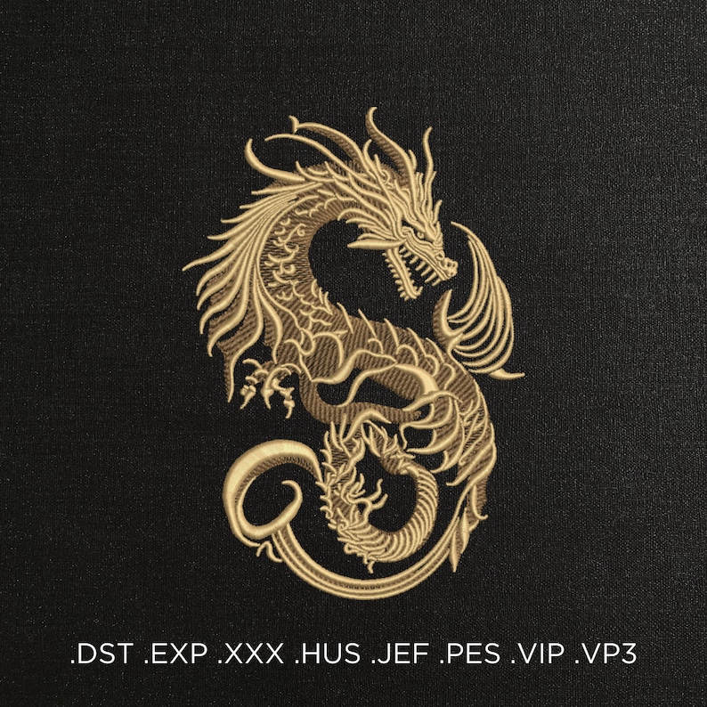 May include: Gold embroidered dragon design for machine embroidery.  The design is in a curled position with its head facing the right side of the image.  The design is suitable for embroidery formats: DST, EXP, XXX, HUS, JEF, PES, VIP, VP3.