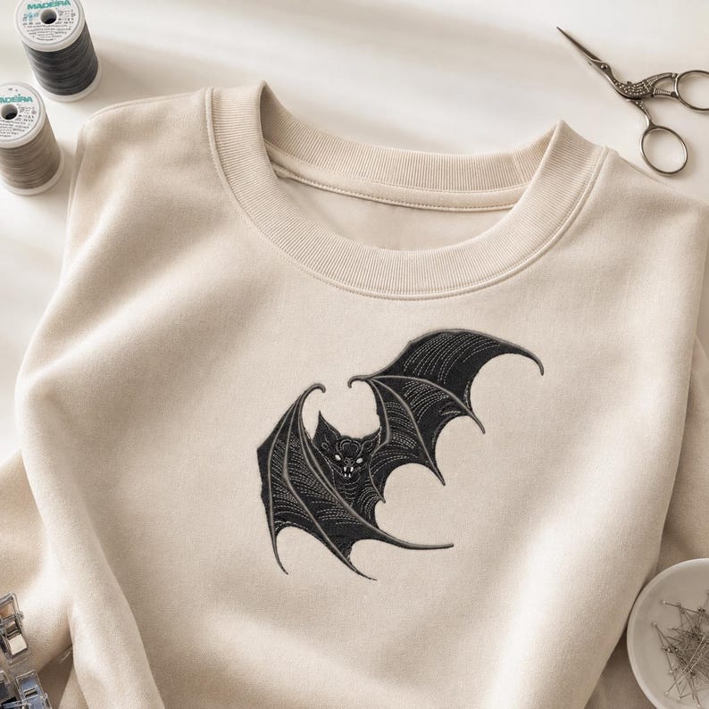May include: A beige crewneck sweatshirt featuring a detailed black embroidered bat design on the chest. The bat is depicted with spread wings and visible white fangs. The garment has a ribbed collar and long sleeves, presented with sewing supplies.