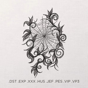 Puede incluir: Diseño de bordado en blanco y negro de una telaraña con intrincados detalles florales.