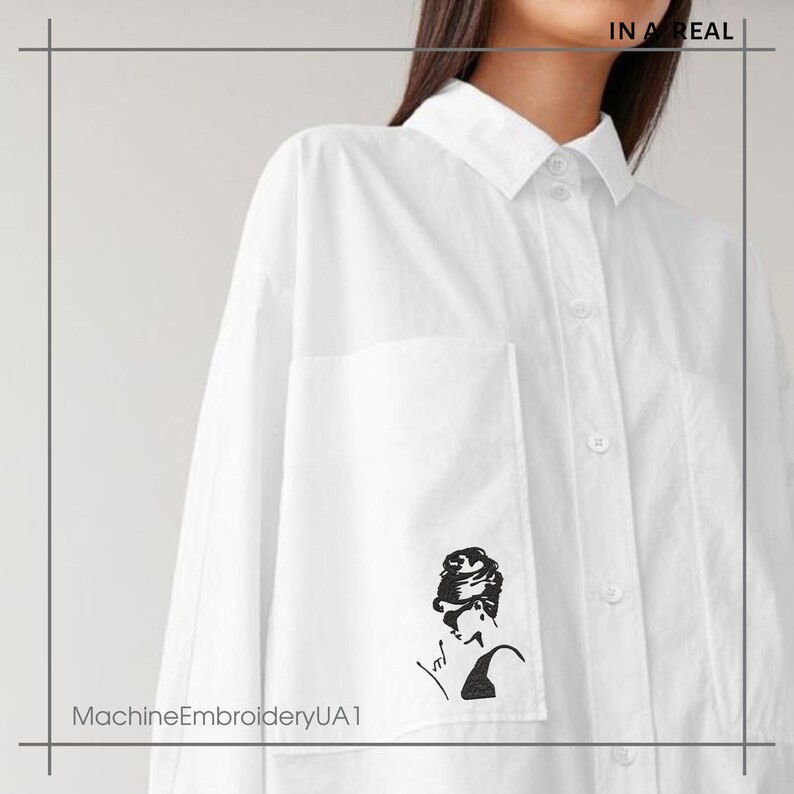 May include: White button-down shirt with a black embroidered image of a woman with a bun on the left pocket. The text "MachineEmbroideryUA1" is at the bottom of the image.
