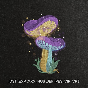 Peut inclure: Deux champignons violets et jaunes avec une tige bleue et des feuilles vertes sur un fond noir. Les champignons brillent d'une douce lumière.