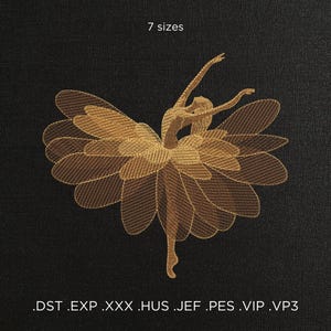 May include: An embroidered design of a ballerina in a flower-like dress, in shades of gold and brown, against a black background. The text "7 sizes" is above the design. Below the design are file format extensions.