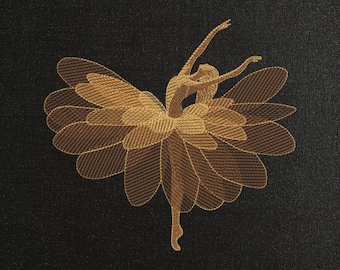 May include: An embroidered design of a ballerina in a flower-like dress, in shades of gold and brown, against a black background. The text "7 sizes" is above the design. Below the design are file format extensions.