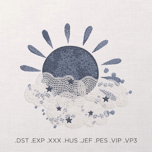 May include: A blue sun with rays and a white cloud with stars embroidered on a white fabric background. The text .DST .EXP .XXX .HUS .JEF .PES .VIP .VP3 is at the bottom of the image.