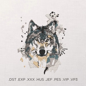 Maskinbroderidesign för varg i akvarell - Broderidesign för vargfil - 7 storlekar - Direkt nedladdning