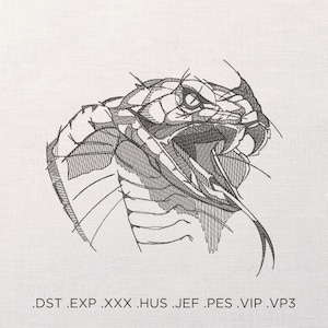 May include: A black and white line drawing of a cobra with its mouth open, showing its fangs. The drawing is done in a stylized, geometric style.