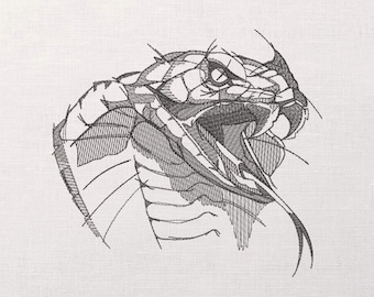 Ferocious Cobra Line Art Machine Embroidery Pattern, Black Snake Design, Modern Wildlife, DIY Home Decor Embroidery, PES Cobra Embroidery